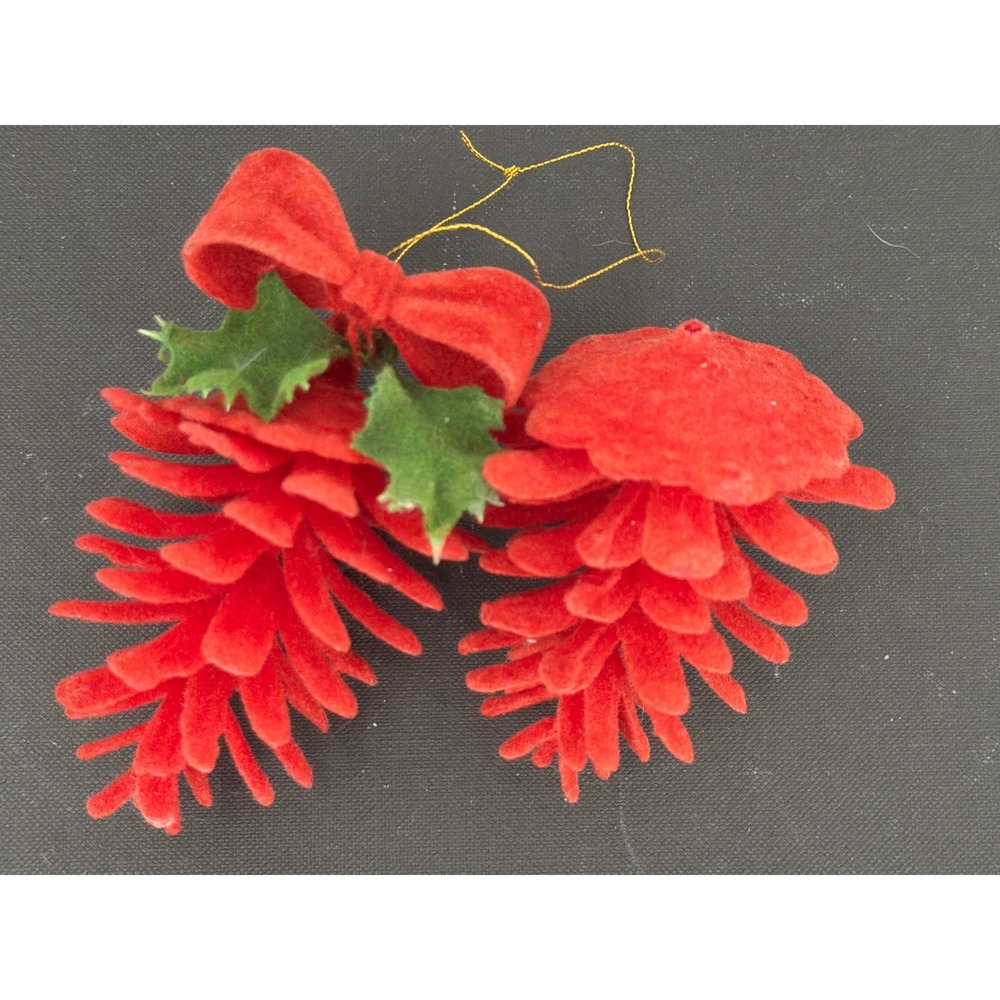 Vintage Red Flocked Pinecone Christmas Ornaments Holly Bow Set of 2 Retro Decor
